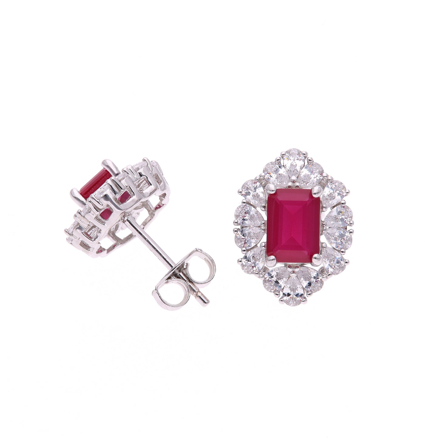 Broquel Plata Ley 925 con Rodio y Zirconia AAA Color Rojo Rubí y Blanco