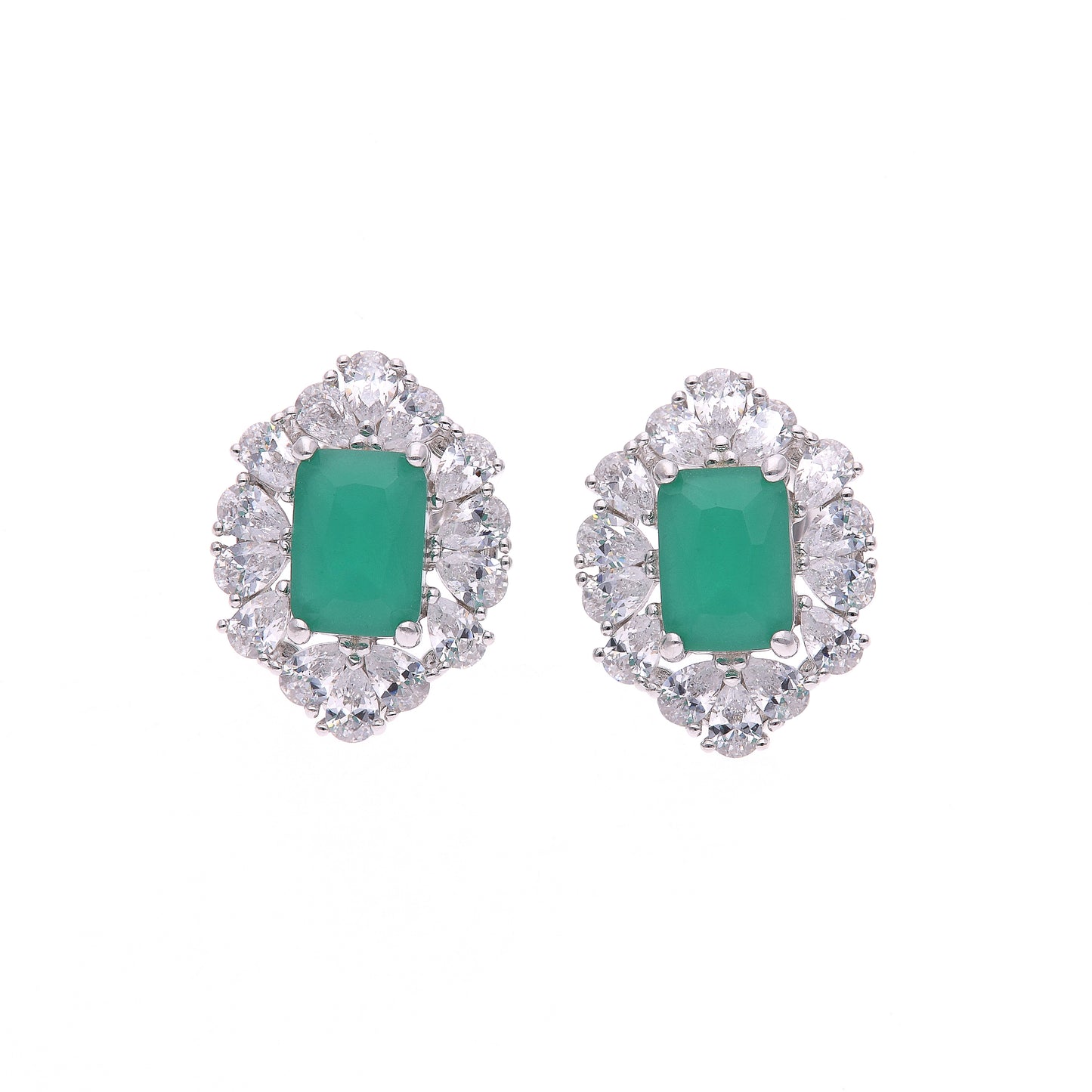 Broquel Plata Ley 925 con Rodio y Zirconia AAA Color Verde Esmeralda y Blanco