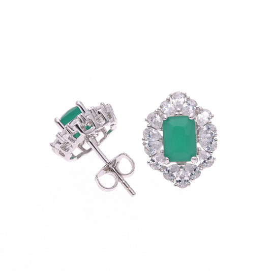 Broquel Plata Ley 925 con Rodio y Zirconia AAA Color Verde Esmeralda y Blanco