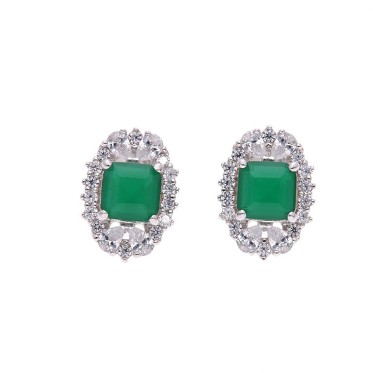 BROQUEL  EN PLATA LEY .925, CON RODIO ,  ZIRCONIA AAA  VERDE ESMERALDA Y BLANCO