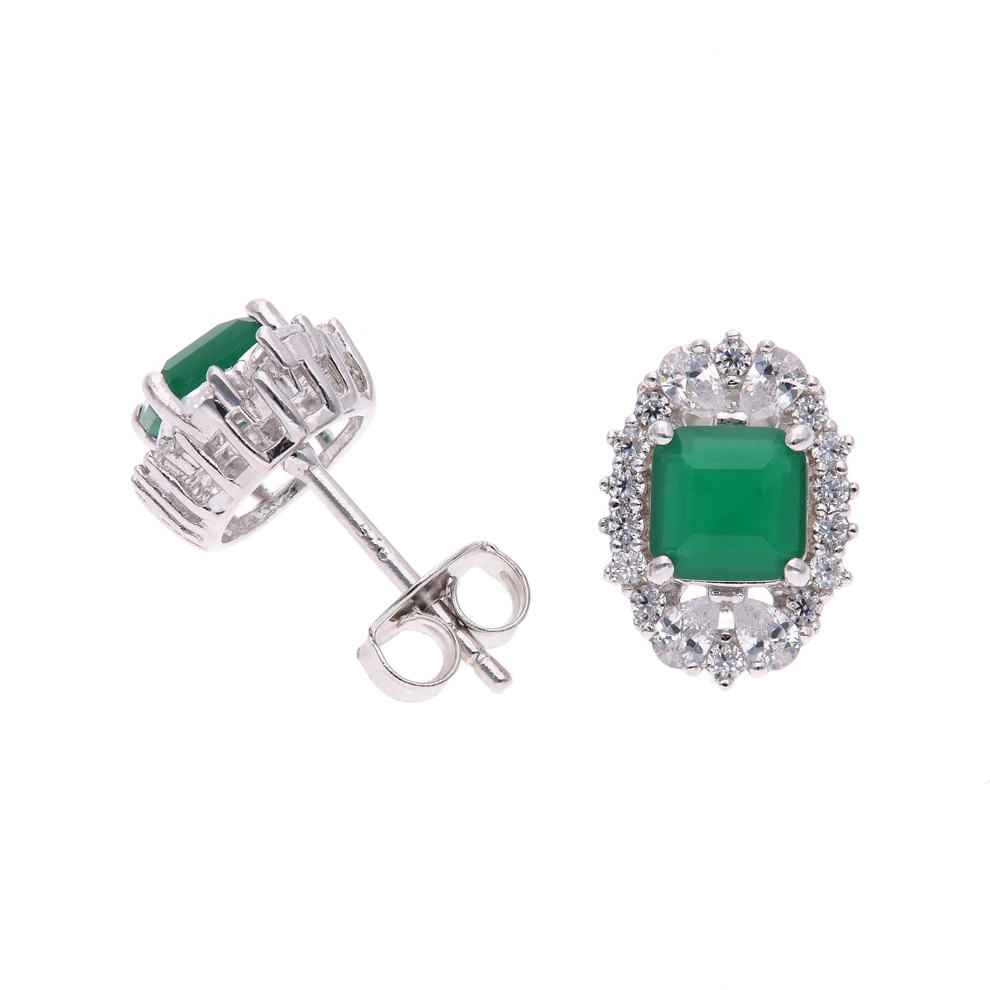 BROQUEL  EN PLATA LEY .925, CON RODIO ,  ZIRCONIA AAA  VERDE ESMERALDA Y BLANCO