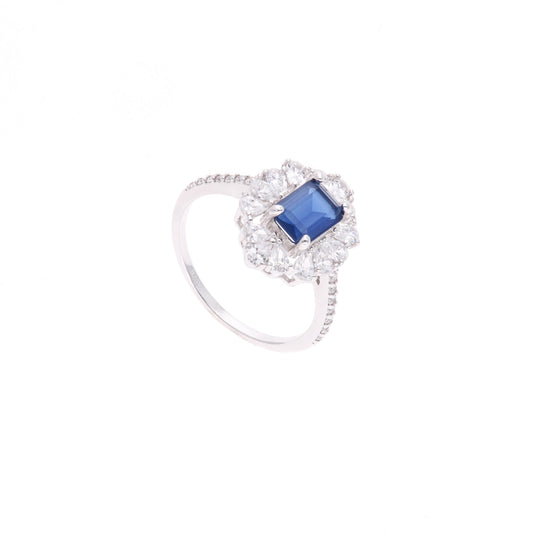 Anillo Plata Ley 925 con Rodio – Zafiro AAA Color Azul Zafiro y Blanco