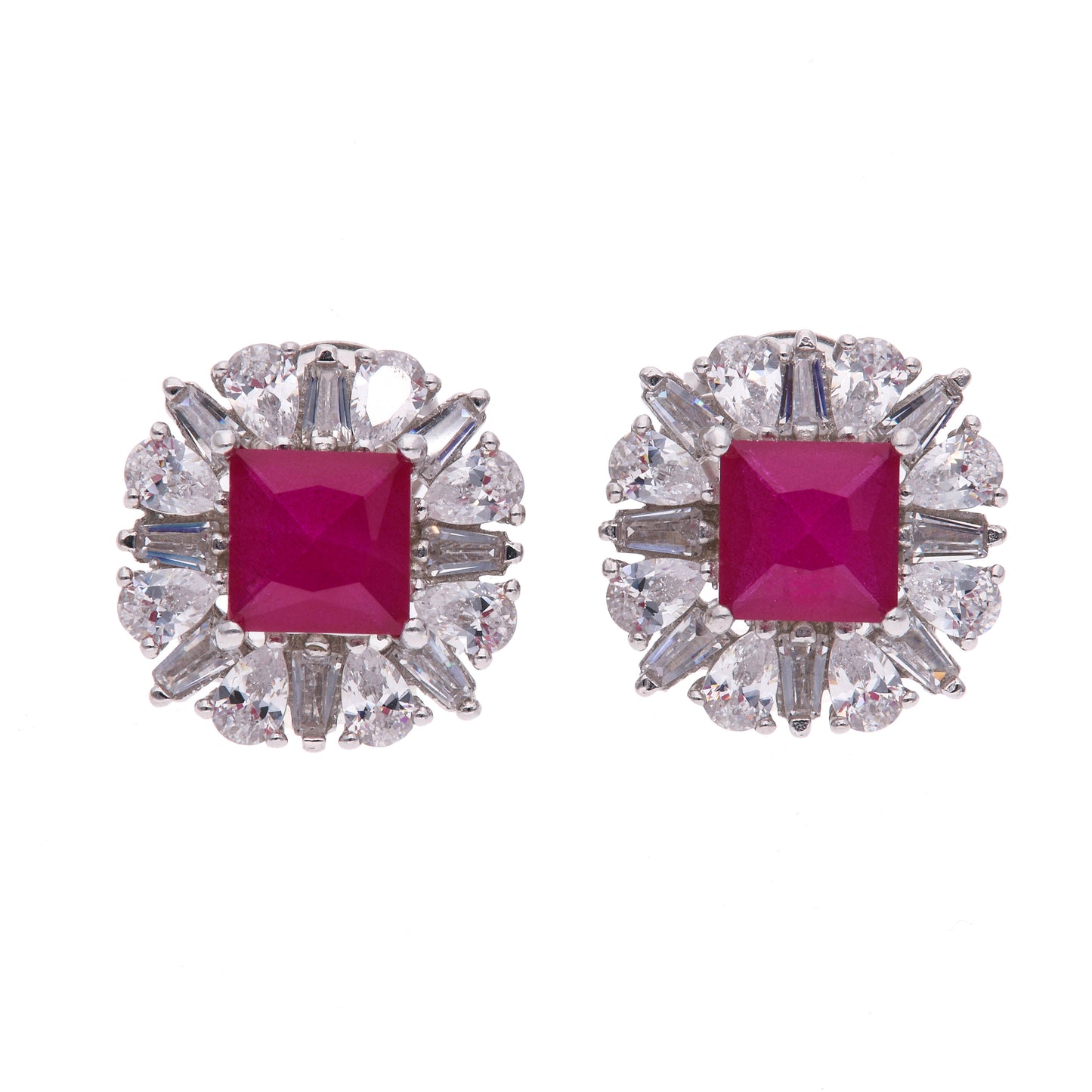 Broquel Plata Ley 925 con Rodio y Zirconia AAA Color Rojo Rubí y Blanco