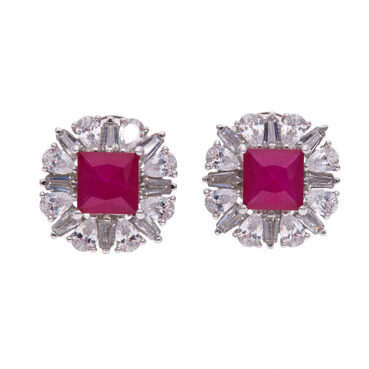 Broquel Plata Ley 925 con Rodio y Zirconia AAA Color Rojo Rubí y Blanco
