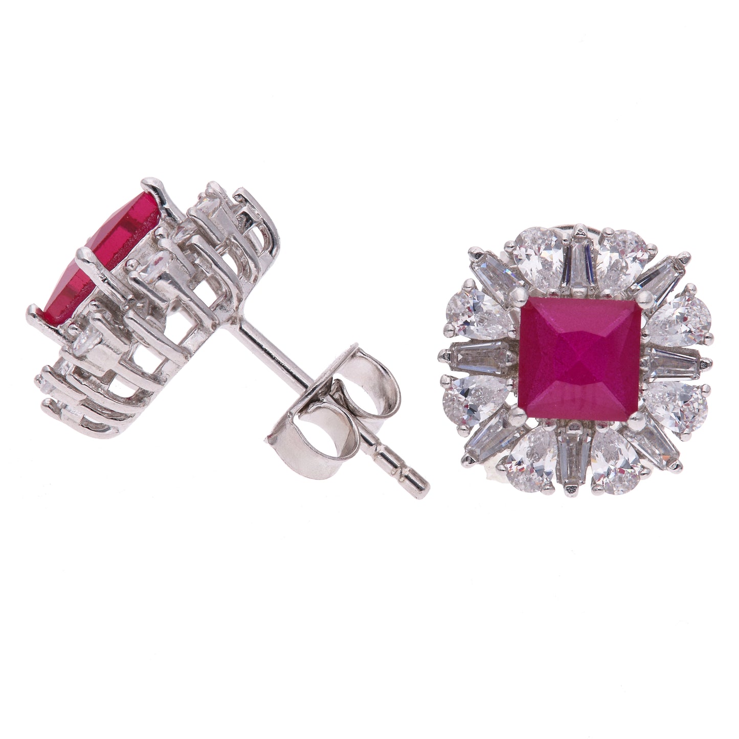 Broquel Plata Ley 925 con Rodio y Zirconia AAA Color Rojo Rubí y Blanco