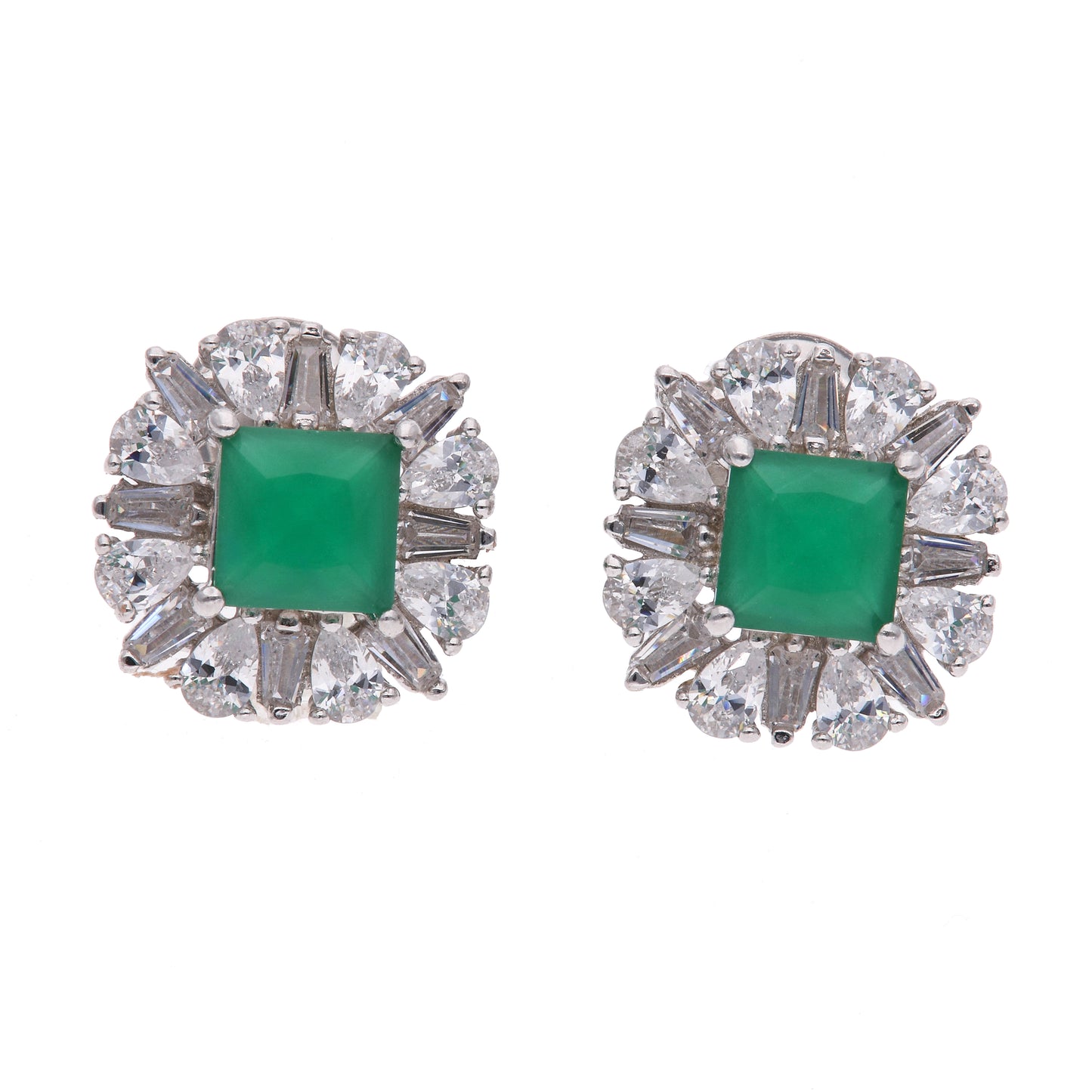 Broquel Plata Ley 925 con Rodio y Zirconia AAA Color Verde Esmeralda y Blanco