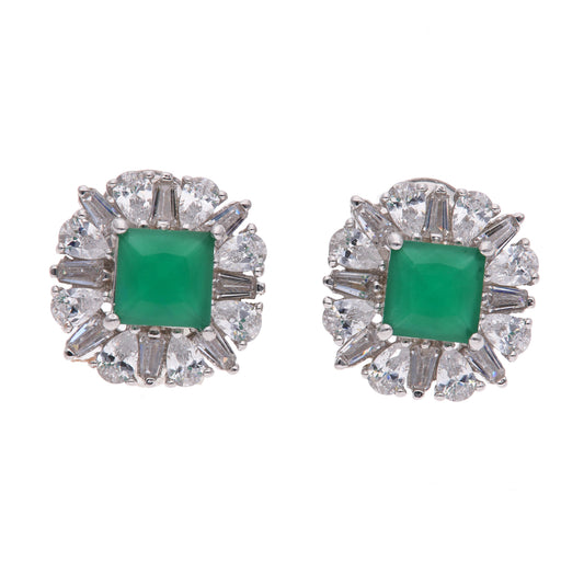 Broquel Plata Ley 925 con Rodio y Zirconia AAA Color Verde Esmeralda y Blanco