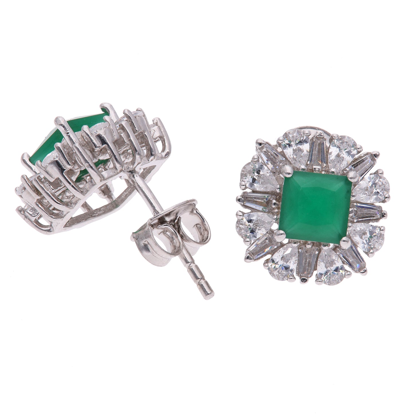Broquel Plata Ley 925 con Rodio y Zirconia AAA Color Verde Esmeralda y Blanco