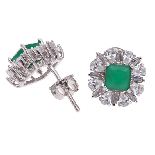 Broquel Plata Ley 925 con Rodio y Zirconia AAA Color Verde Esmeralda y Blanco