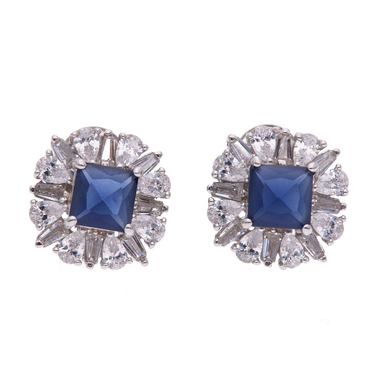 Broquel Plata Ley 925 con Rodio y Zirconia AAA Color Azul Zafiro y Blanco