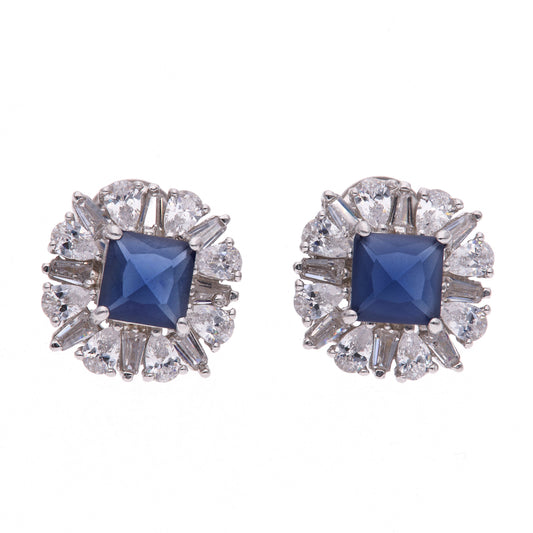 Broquel Plata Ley 925 con Rodio y Zirconia AAA Color Azul Zafiro y Blanco