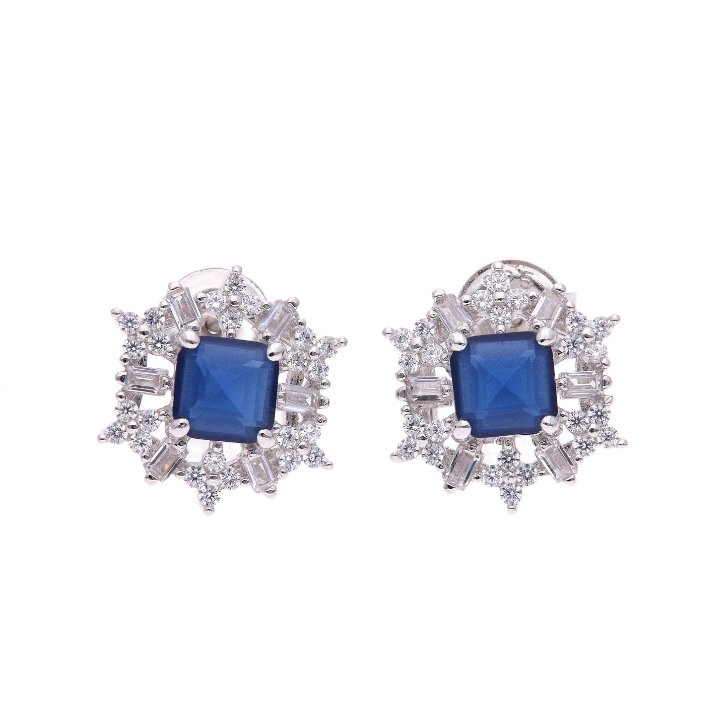 BROQUEL EN PLATA LEY .925, CON RODIO , ZIRCONIA AAA AZUL ZAFIRO AZUL Y BLANCO