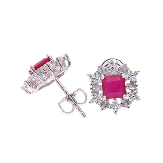 BROQUEL  EN PLATA LEY .925, CON RODIO ,  ZIRCONIA  AAA  ROJO RUBI Y BLANCO
