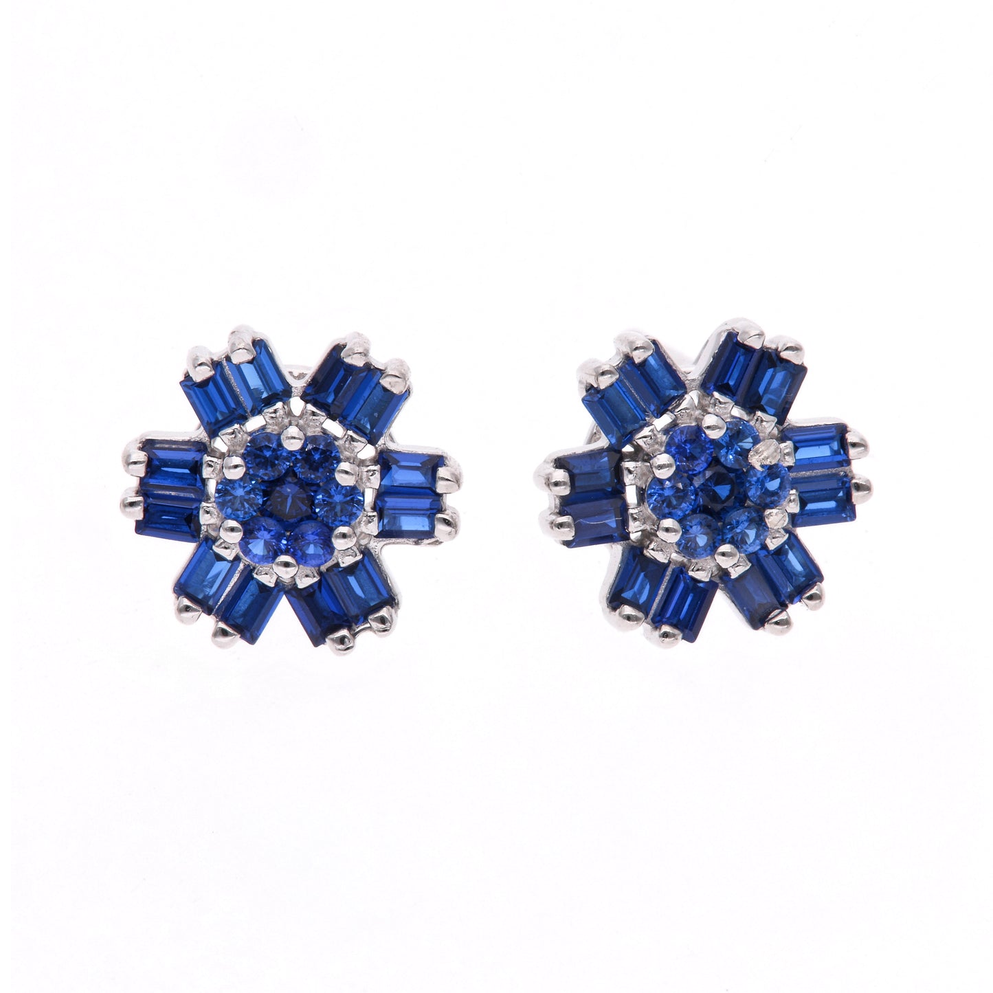 BROQUEL EN PLATA LEY .925, CON RODIO , ZIRCONIA AAA AZUL ZAFIRO Y BLANCO  , EN FORMA DE FLOR