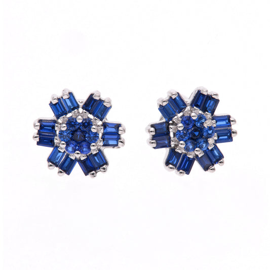 BROQUEL EN PLATA LEY .925, CON RODIO , ZIRCONIA AAA AZUL ZAFIRO Y BLANCO  , EN FORMA DE FLOR