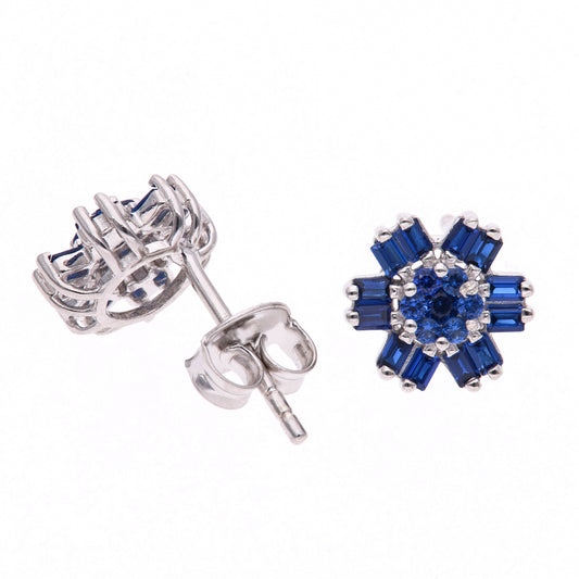 BROQUEL EN PLATA LEY .925, CON RODIO , ZIRCONIA AAA AZUL ZAFIRO Y BLANCO  , EN FORMA DE FLOR
