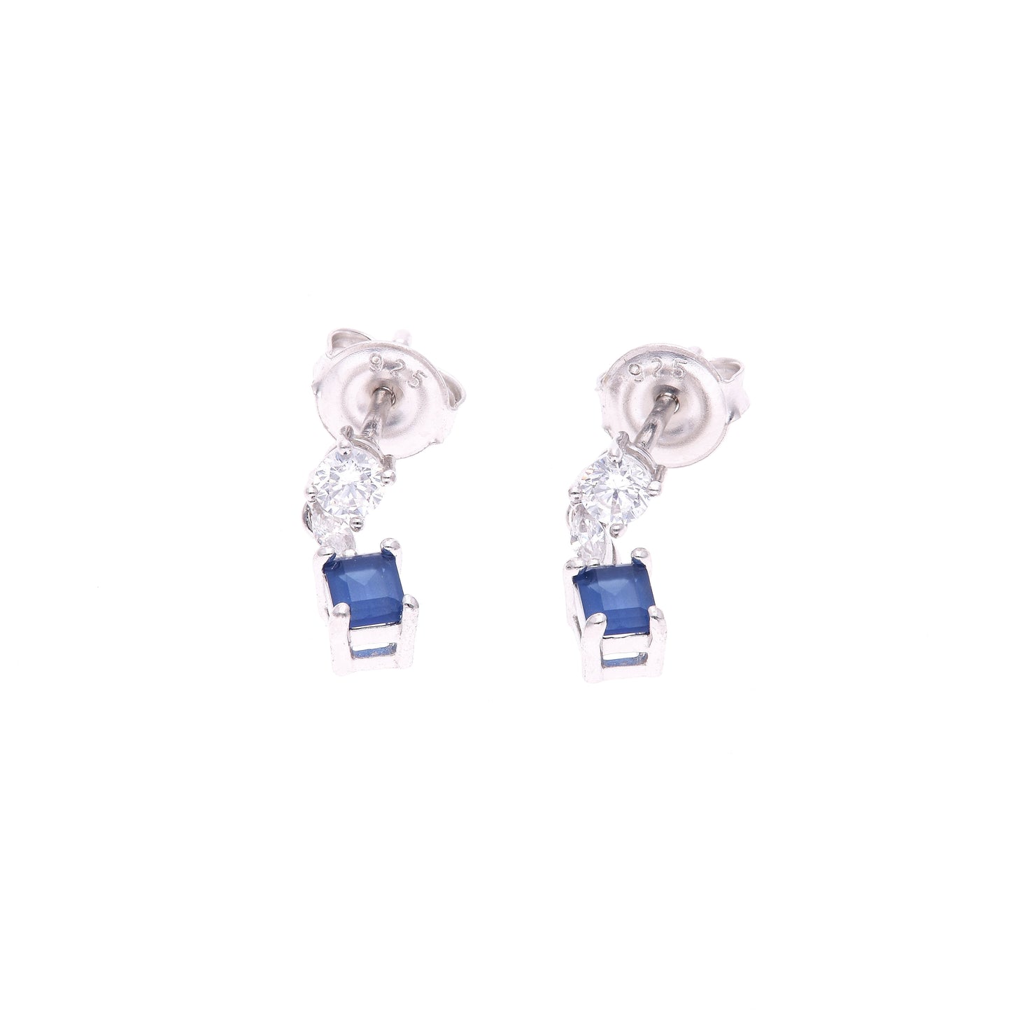 ARETES EN PLATA LEY .925, CON RODIO , ZIRCONIA AAA AZUL ZAFIRO Y BLANCO  , EN FORMA DE FLOR