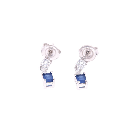 ARETES EN PLATA LEY .925, CON RODIO , ZIRCONIA AAA AZUL ZAFIRO Y BLANCO  , EN FORMA DE FLOR