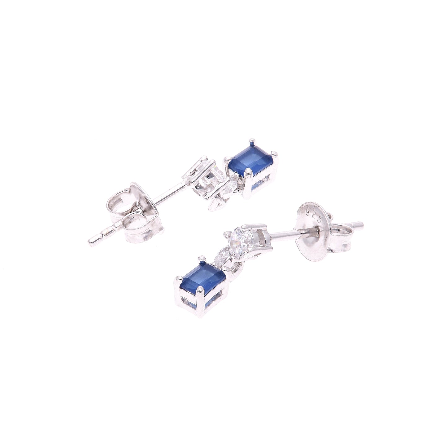ARETES EN PLATA LEY .925, CON RODIO , ZIRCONIA AAA AZUL ZAFIRO Y BLANCO  , EN FORMA DE FLOR