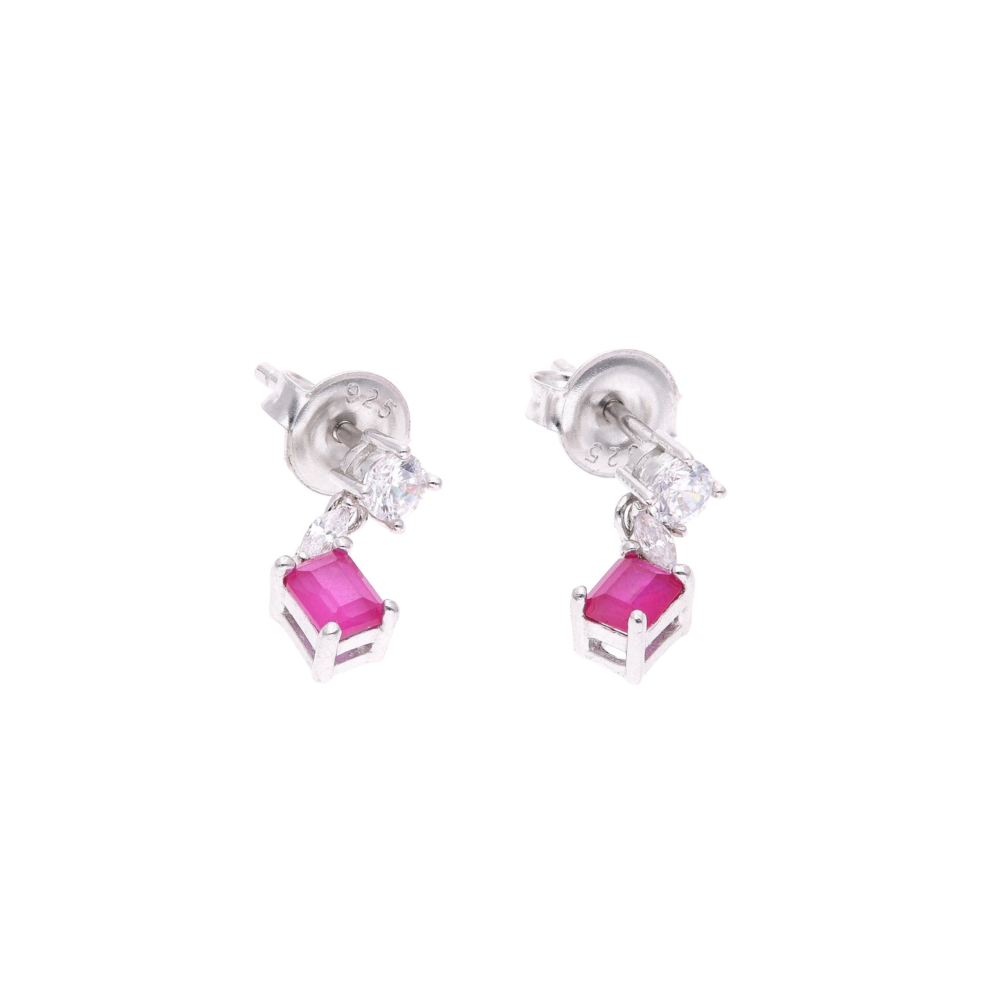 ARETES EN PLATA LEY .925, CON RODIO , ZIRCONIA AAA ROJO RUBI Y BLANCO