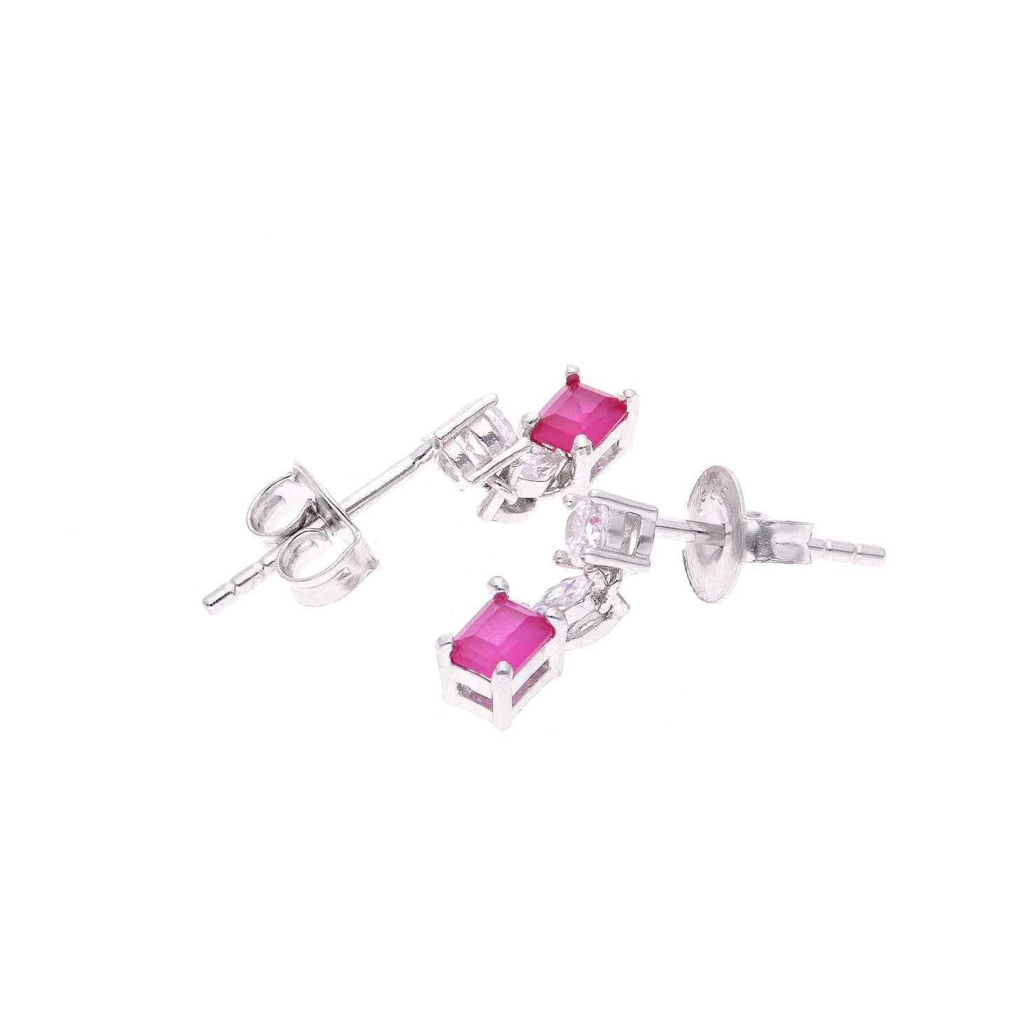 ARETES EN PLATA LEY .925, CON RODIO , ZIRCONIA AAA ROJO RUBI Y BLANCO