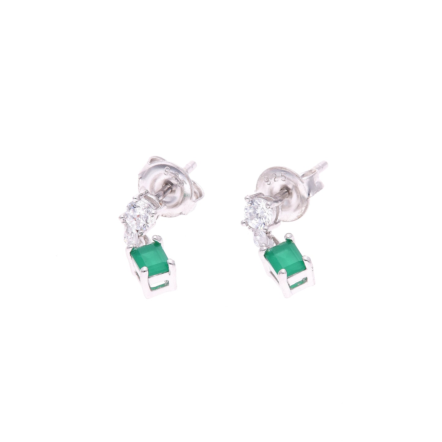 ARETES EN PLATA LEY .925, CON RODIO , ZIRCONIA AAA VERDE ESMERALDA Y BLANCO