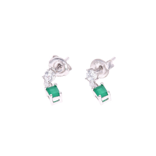 ARETES EN PLATA LEY .925, CON RODIO , ZIRCONIA AAA VERDE ESMERALDA Y BLANCO