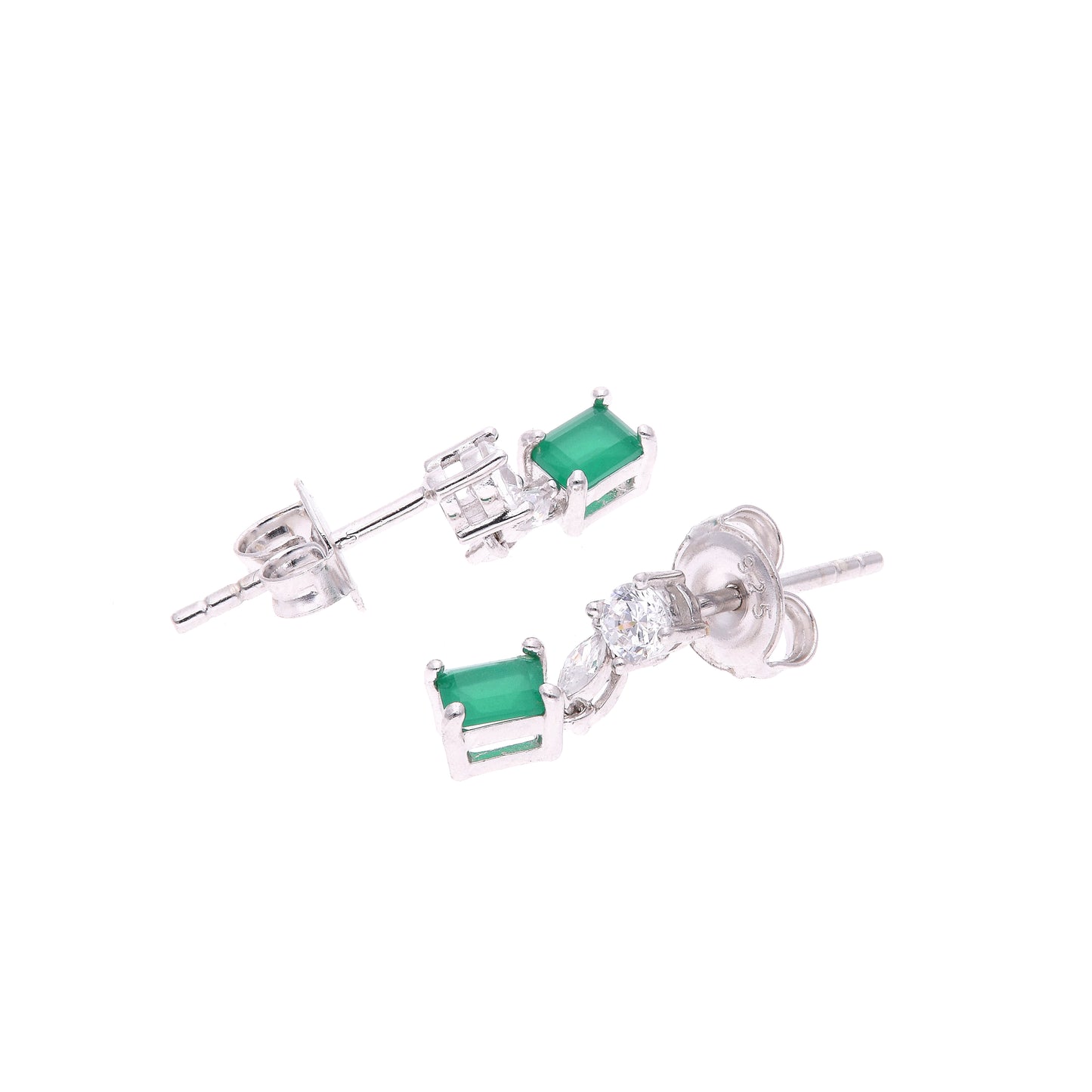 ARETES EN PLATA LEY .925, CON RODIO , ZIRCONIA AAA VERDE ESMERALDA Y BLANCO