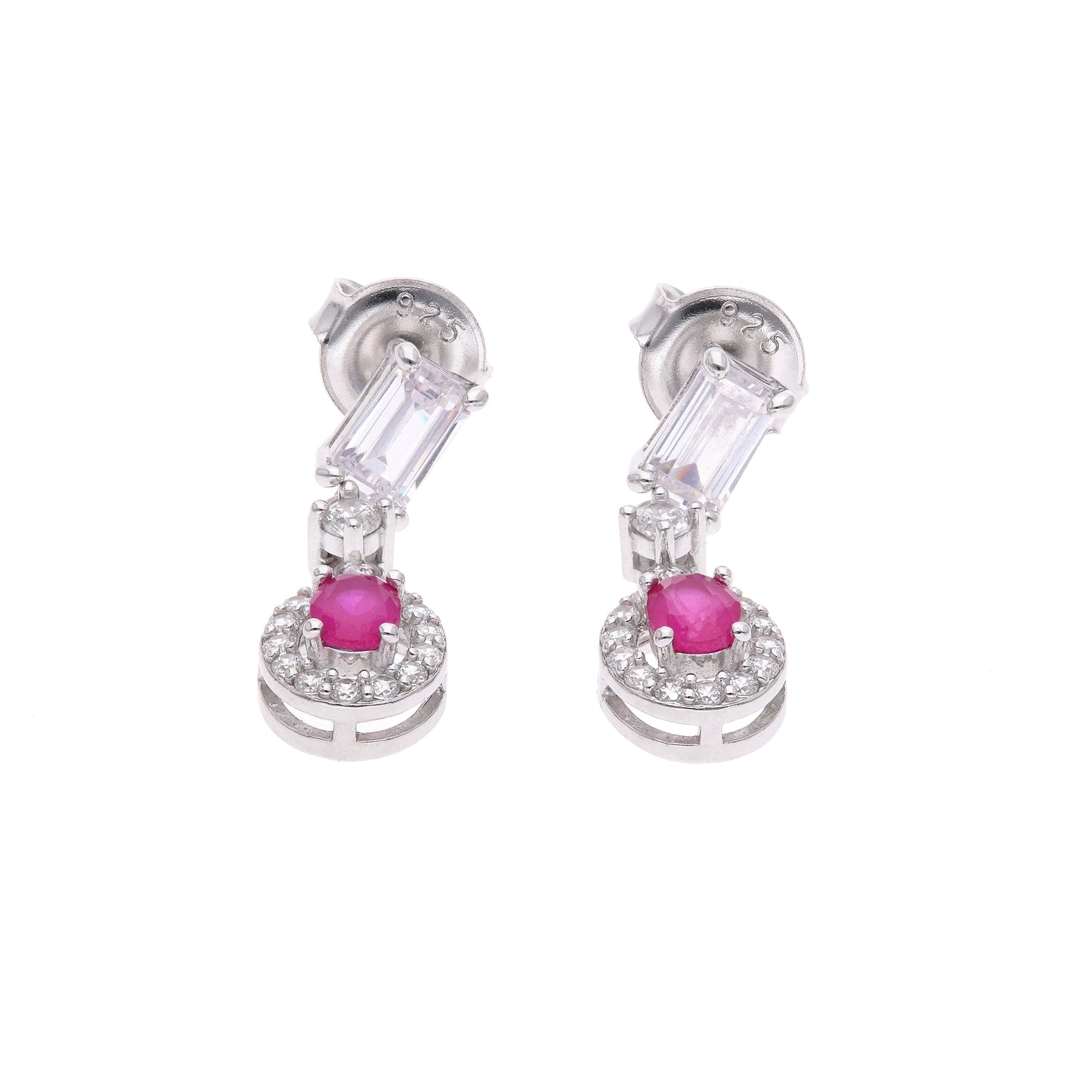 Aretes Plata Ley 925 con Rodio y Zirconia AAA Color Rojo Rubí y Blanco