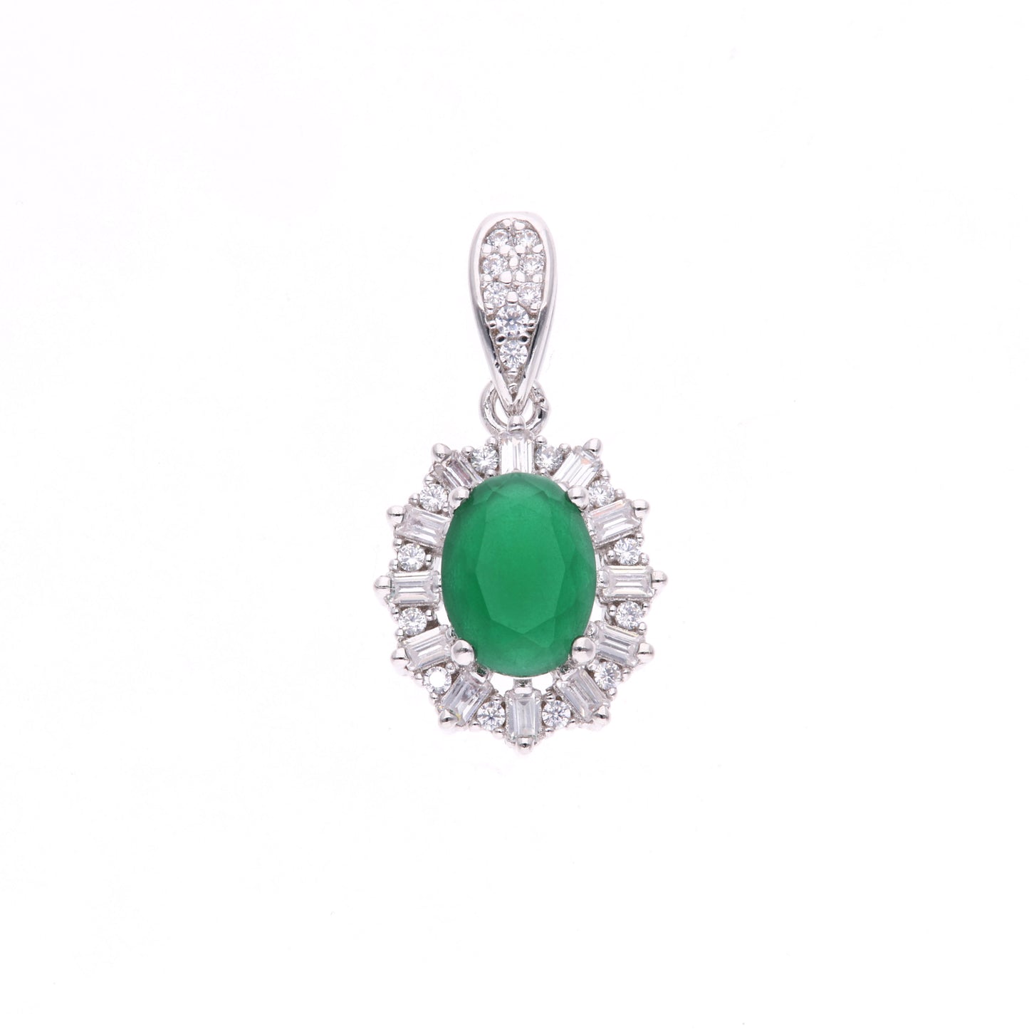 Dije Plata Ley 925 con Rodio y Zirconia AAA Color Verde Esmeralda y Blanco Ovalado