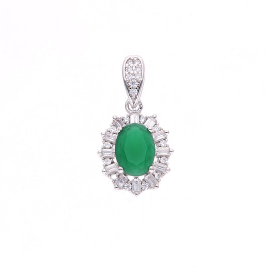 Dije Plata Ley 925 con Rodio y Zirconia AAA Color Verde Esmeralda y Blanco Ovalado