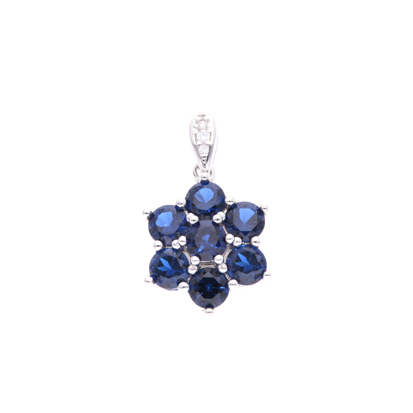 DIJE EN PLATA LEY .925, CON RODIO , ZIRCONIA AAA AZUL ZAFIRO Y BLANCO  , EN FORMA DE FLOR