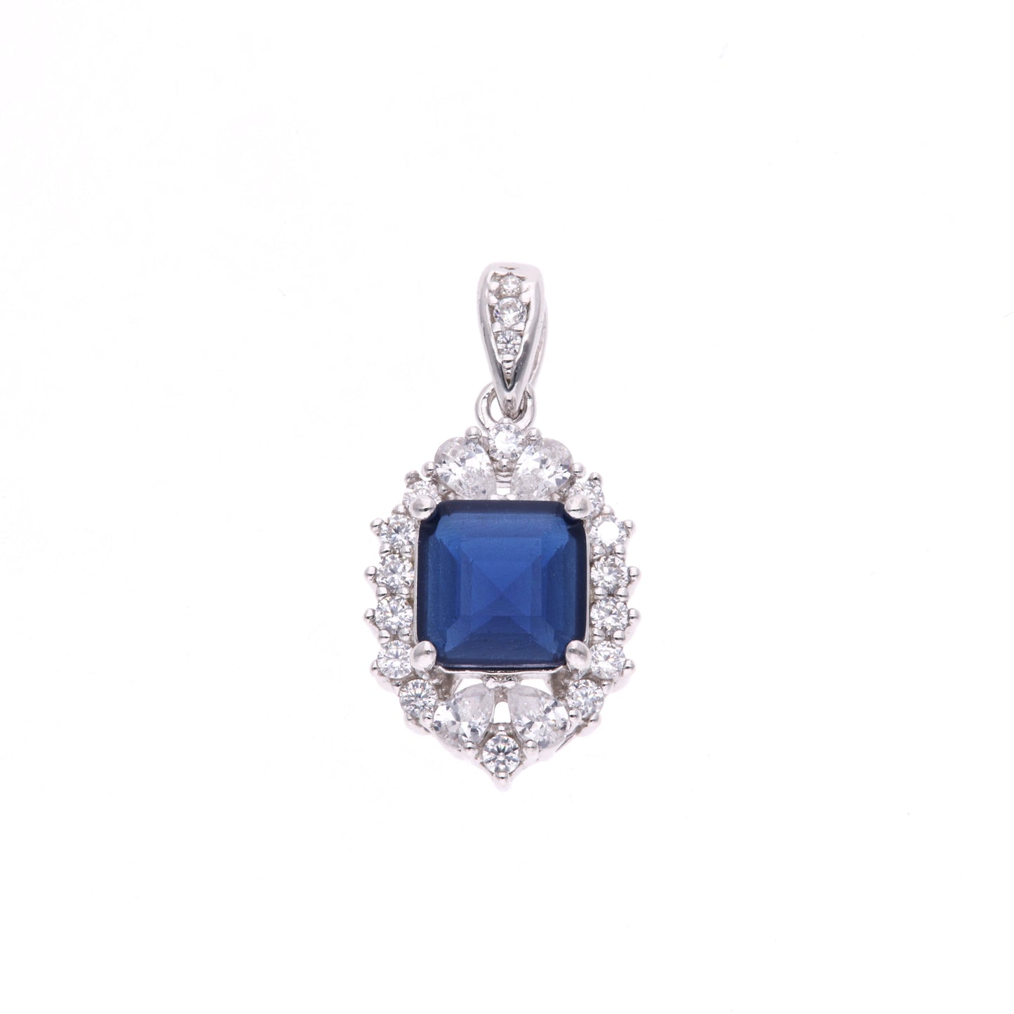 DIJE EN PLATA LEY .925, CON RODIO , ZIRCONIA AAA AZUL ZAFIRO Y BLANCO  , EN FORMA DE FLOR
