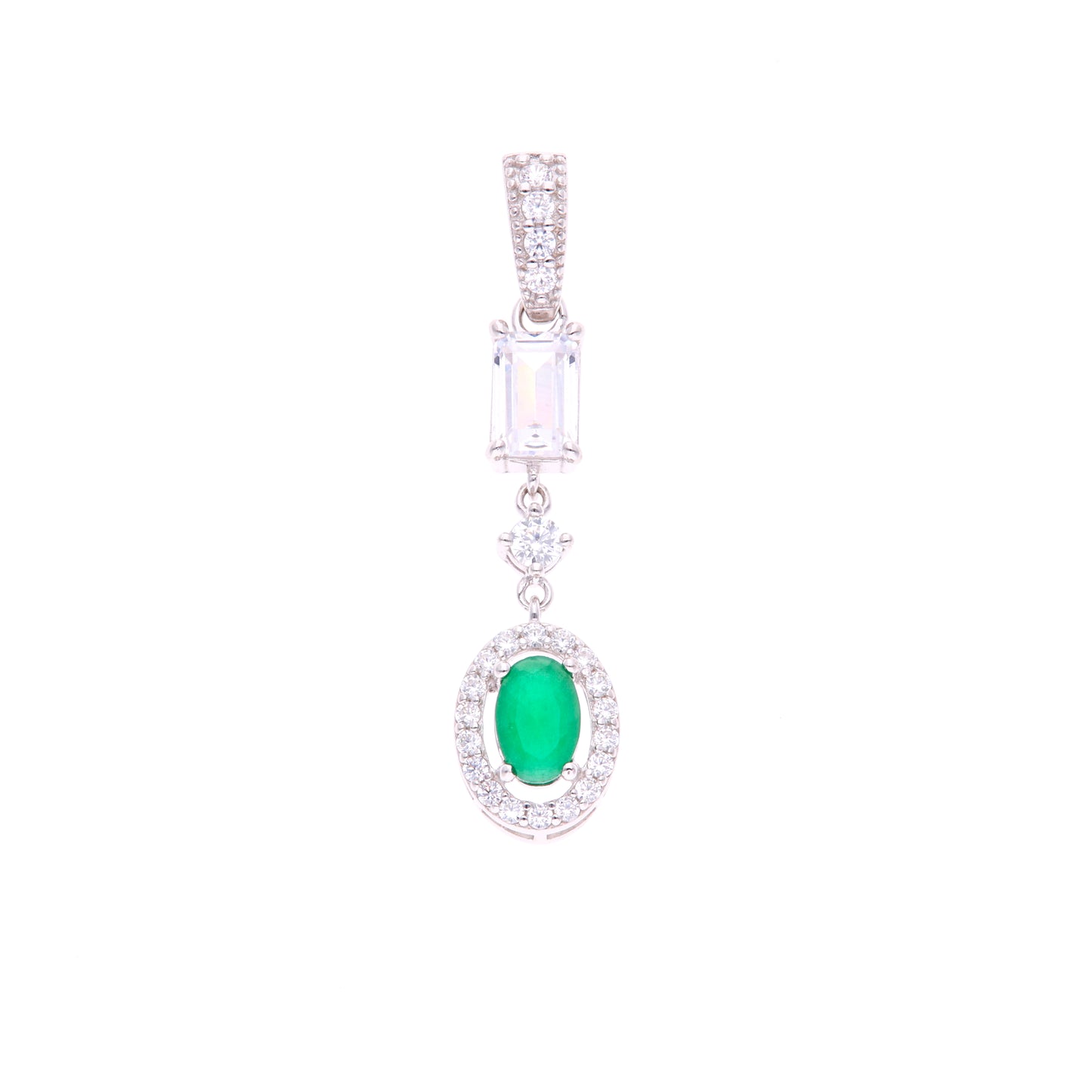Dije Plata Ley 925 con Rodio y Zirconia AAA Color Verde Esmeralda y Blanco Ovalado