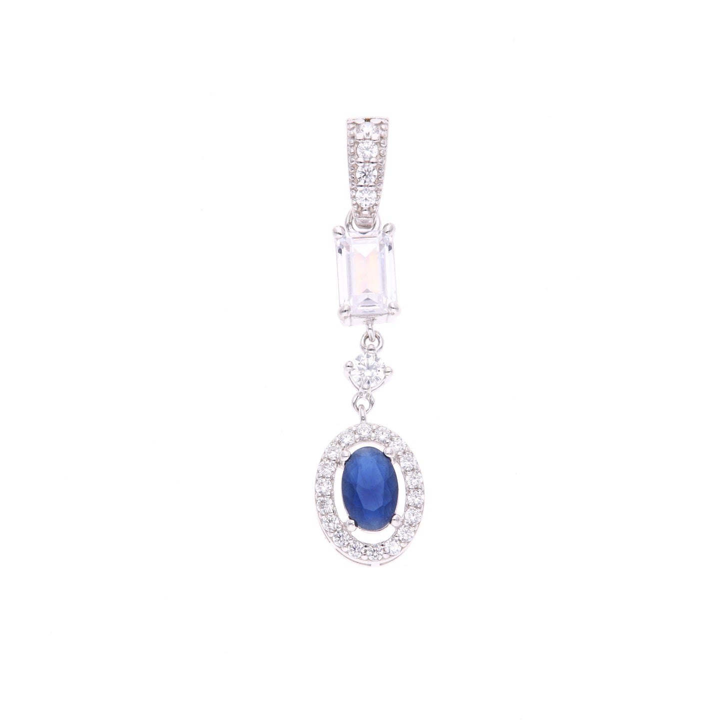 Dije Plata Ley 925 con Rodio y Zirconia AAA Color Azul Zafiro y Blanco Ovalado