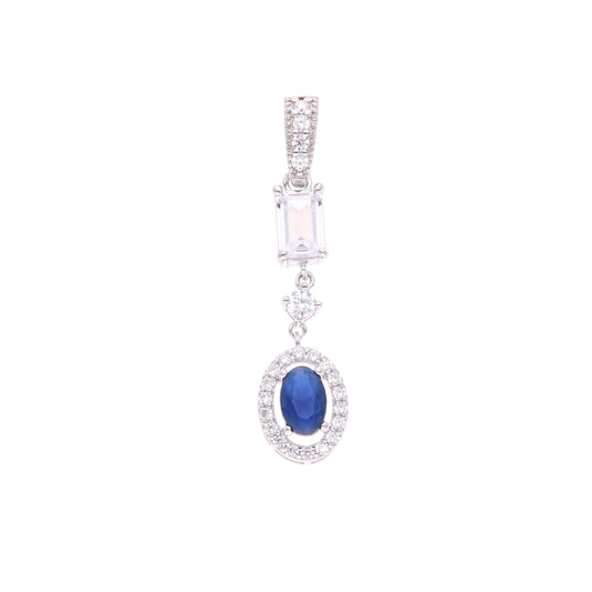 Dije Plata Ley 925 con Rodio y Zirconia AAA Color Azul Zafiro y Blanco Ovalado