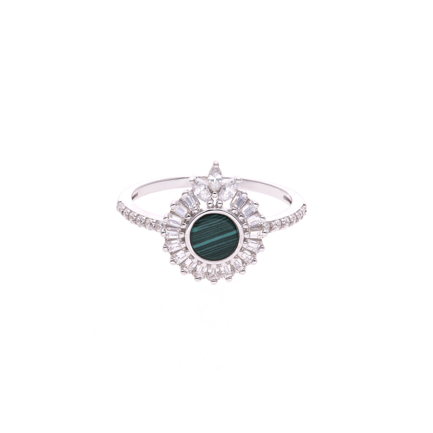 ANILLO EN PLATA LEY .925, CON RODIO ,ZIRCONIA AAA BLANCO Y MALAQUITA