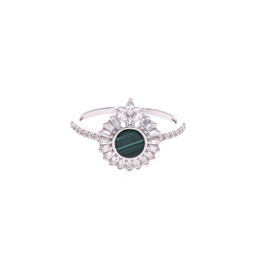 ANILLO EN PLATA LEY .925, CON RODIO ,ZIRCONIA AAA BLANCO Y MALAQUITA