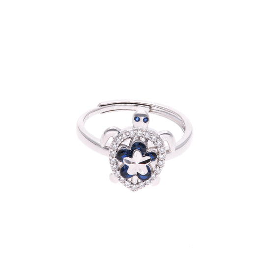 ANILLO EN PLATA LEY .925, CON RODIO , ZIRCONIA AAA AZUL ZAFIRO Y BLANCO, TORTUGA, AJUSTABLE