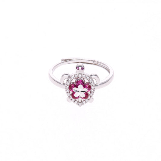 ANILLO EN PLATA LEY .925, CON RODIO , ZIRCONIA AAA ROJO RUBI Y BLANCO, TORTUGA, AJUSTABLE