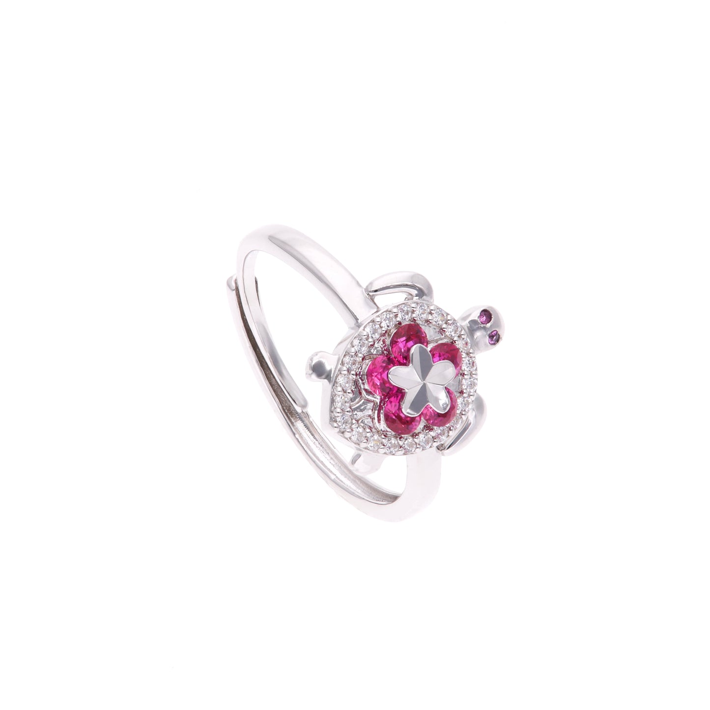 ANILLO EN PLATA LEY .925, CON RODIO , ZIRCONIA AAA ROJO RUBI Y BLANCO, TORTUGA, AJUSTABLE