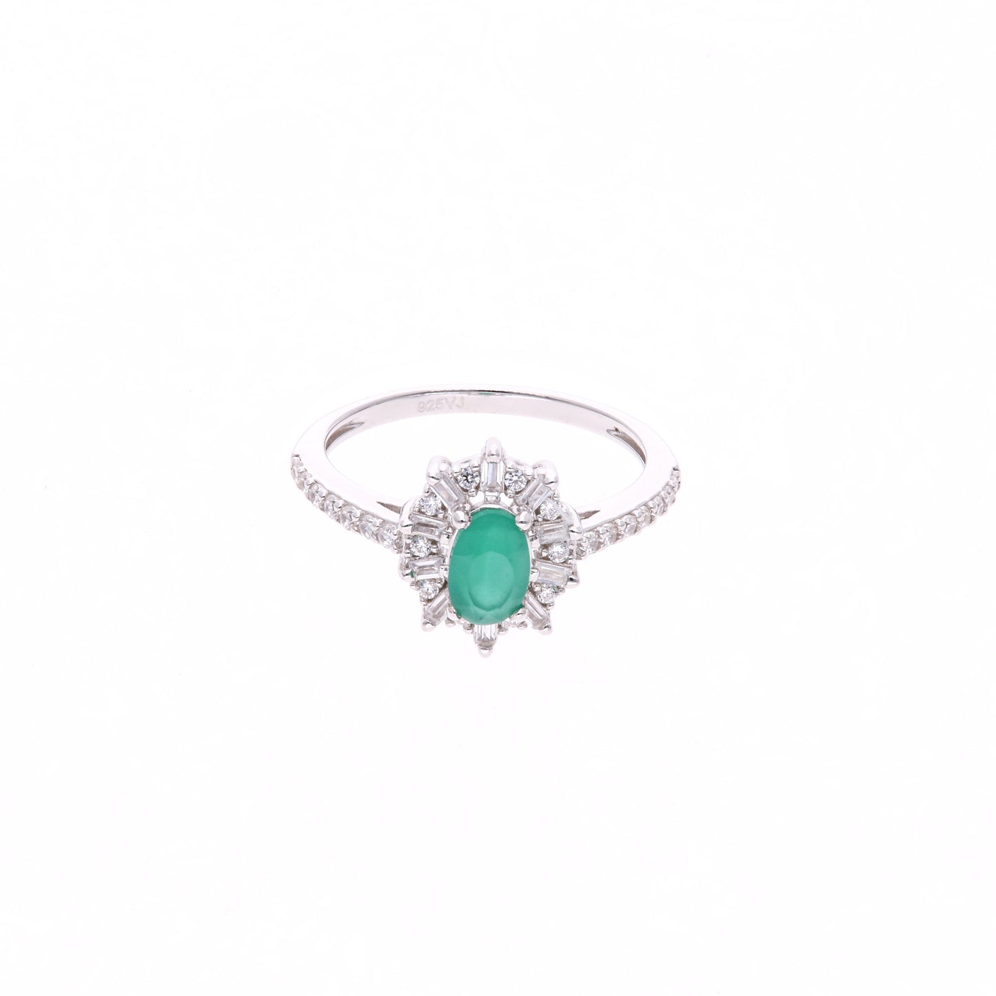 Anillo Plata Ley 925 con Rodio y Zirconia AAA Color Verde Esmeralda y Blanco Ovalado