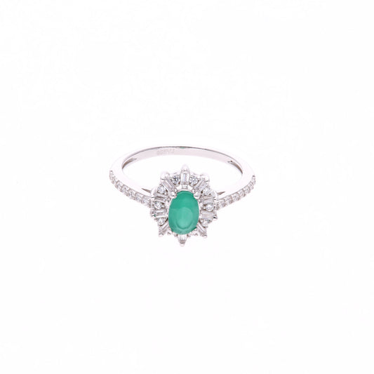 Anillo Plata Ley 925 con Rodio y Zirconia AAA Color Verde Esmeralda y Blanco Ovalado