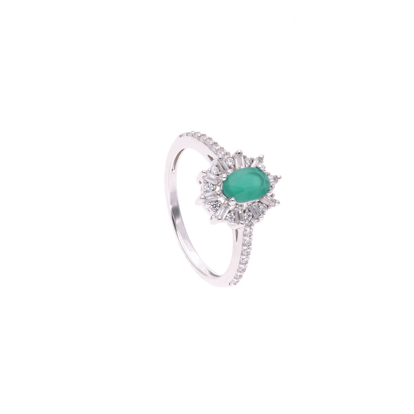 Anillo Plata Ley 925 con Rodio y Zirconia AAA Color Verde Esmeralda y Blanco Ovalado