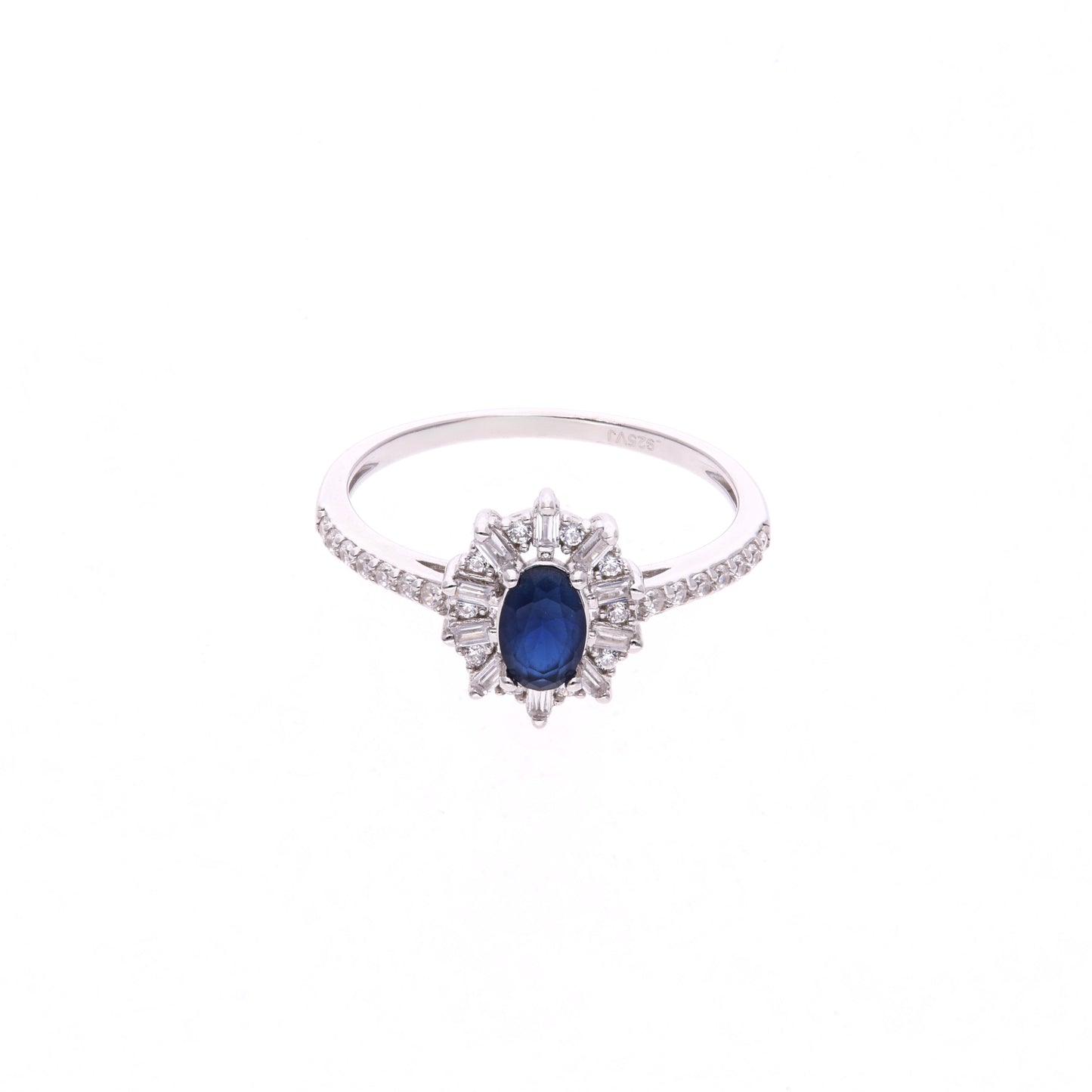 Anillo Plata Ley 925 con Rodio y Zirconia AAA Color Azul Zafiro y Blanco Ovalado