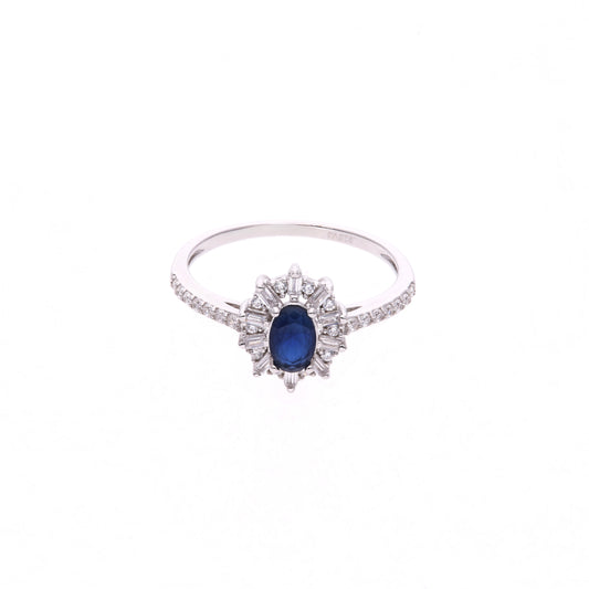 Anillo Plata Ley 925 con Rodio y Zirconia AAA Color Azul Zafiro y Blanco Ovalado