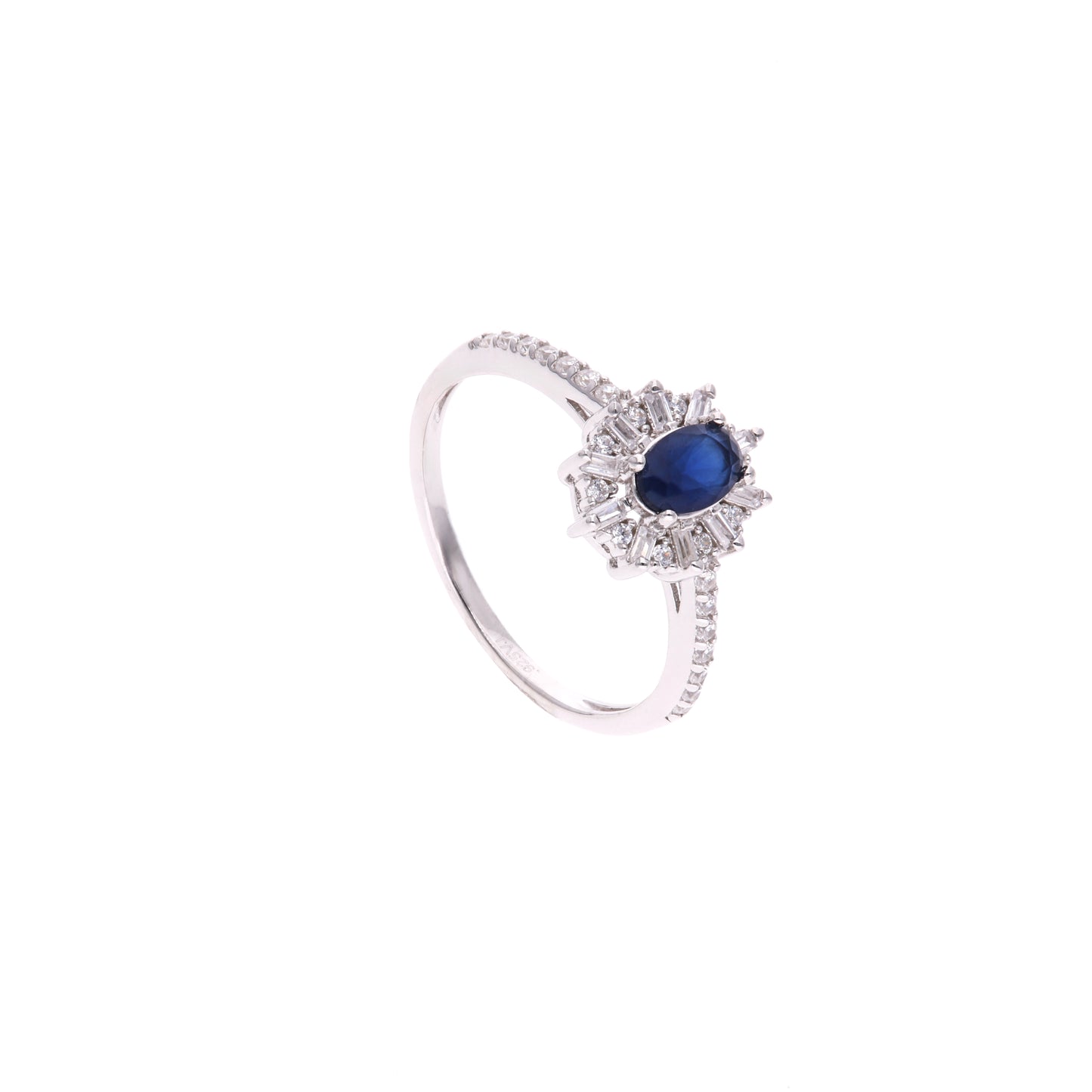 Anillo Plata Ley 925 con Rodio y Zirconia AAA Color Azul Zafiro y Blanco Ovalado
