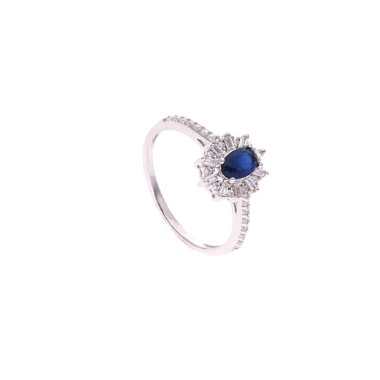 Anillo Plata Ley 925 con Rodio y Zirconia AAA Color Azul Zafiro y Blanco Ovalado