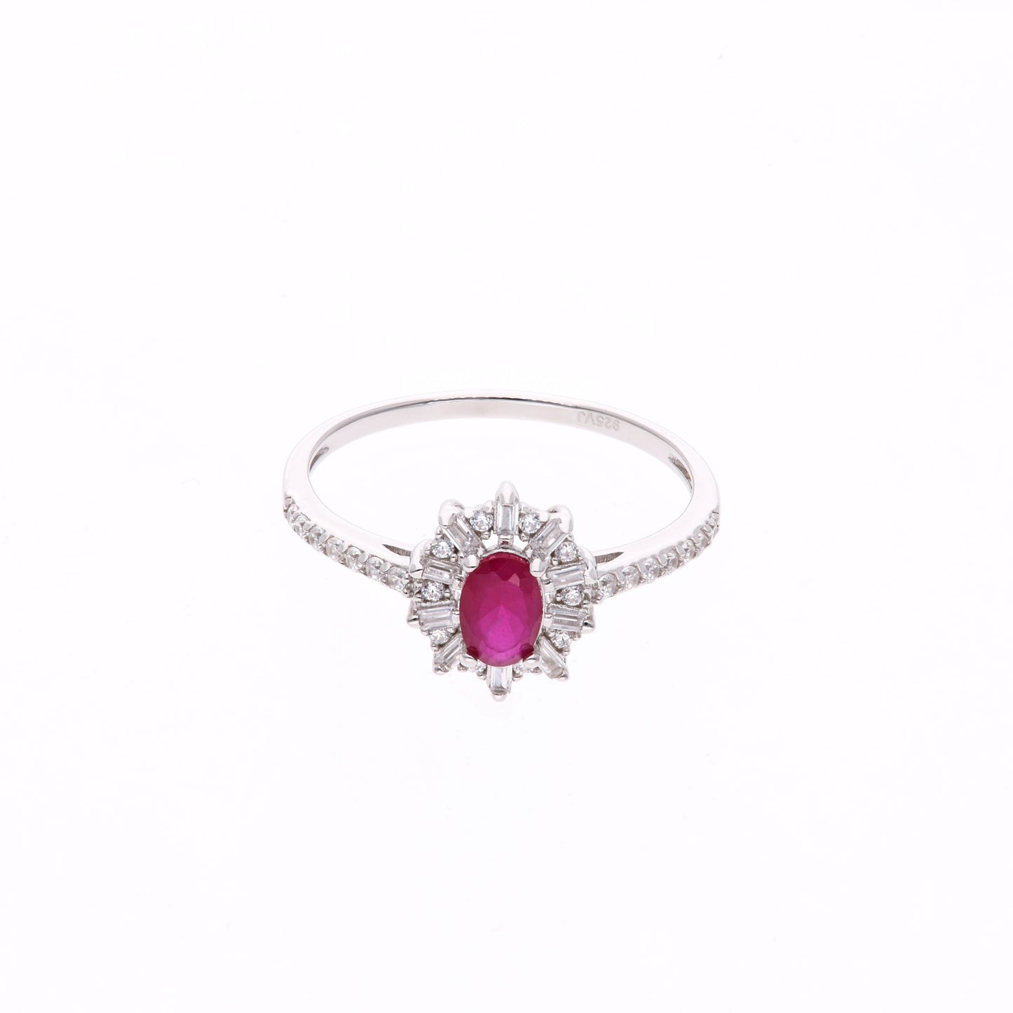 Anillo Plata Ley 925 con Rodio y Zirconia AAA Color Rojo Rubí y Blanco Ovalado