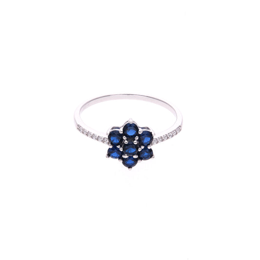ANILLO EN PLATA LEY .925, CON RODIO , ZIRCONIA AAA AZUL ZAFIRO Y BLANCO  , EN FORMA DE FLOR